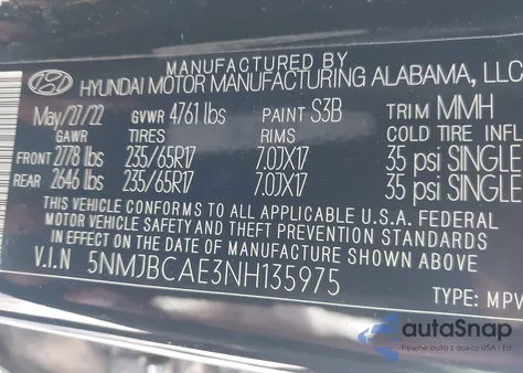 2022 Hyundai Tucson Sel z USA, uszkodzony, nr VIN 5NMJBCAE3NH135975